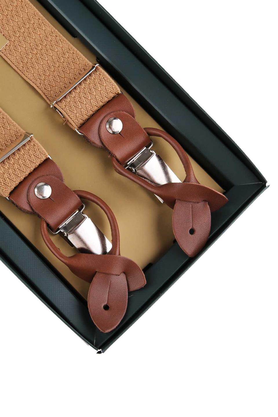 Deri Bağlantılı Düğme Delikli Jakarlı Bej Pantolon Askısı PAN107