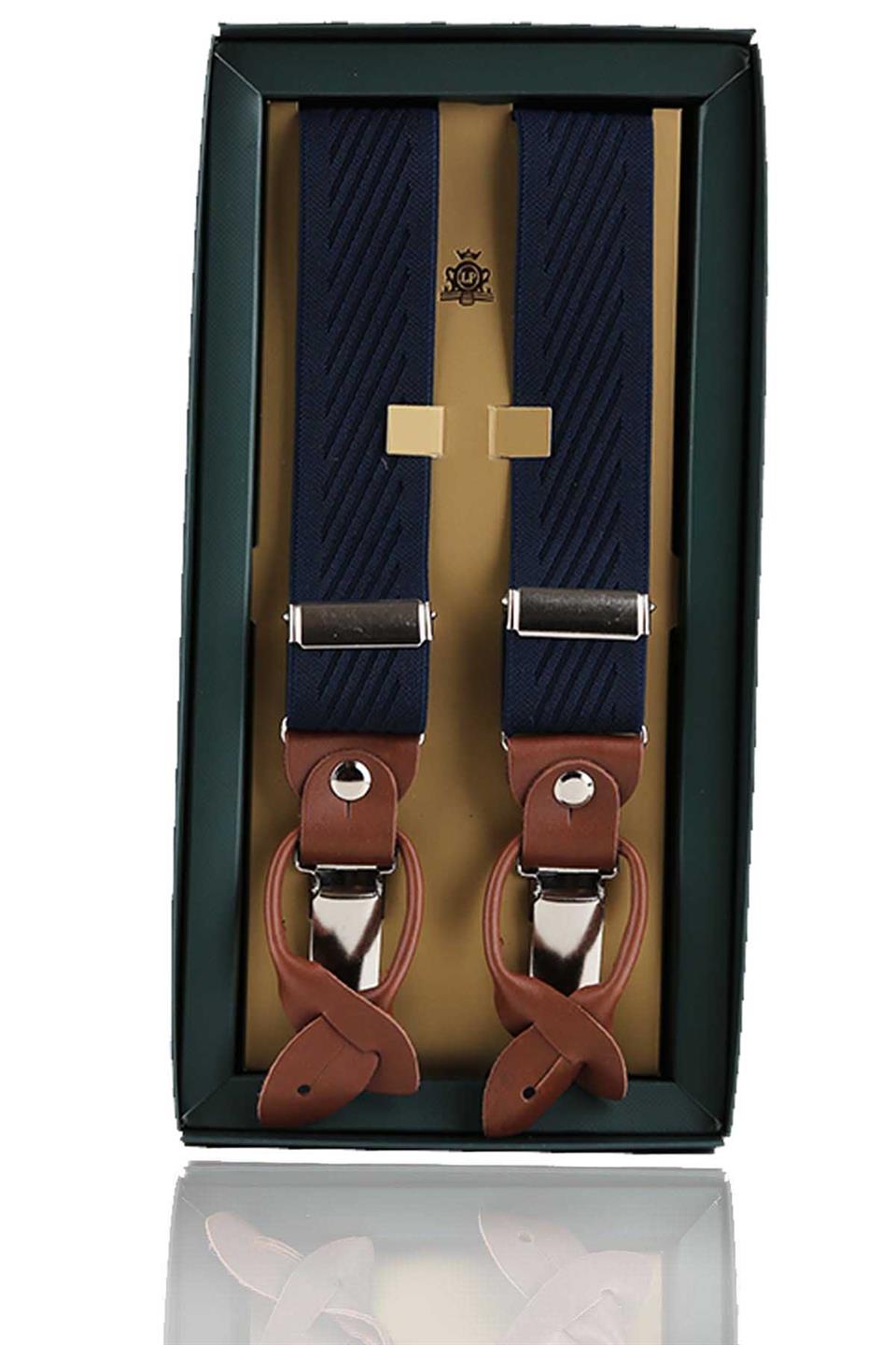 Deri Bağlantılı Düğme Delikli Jakarlı Lacivert Pantolon Askısı PAN85