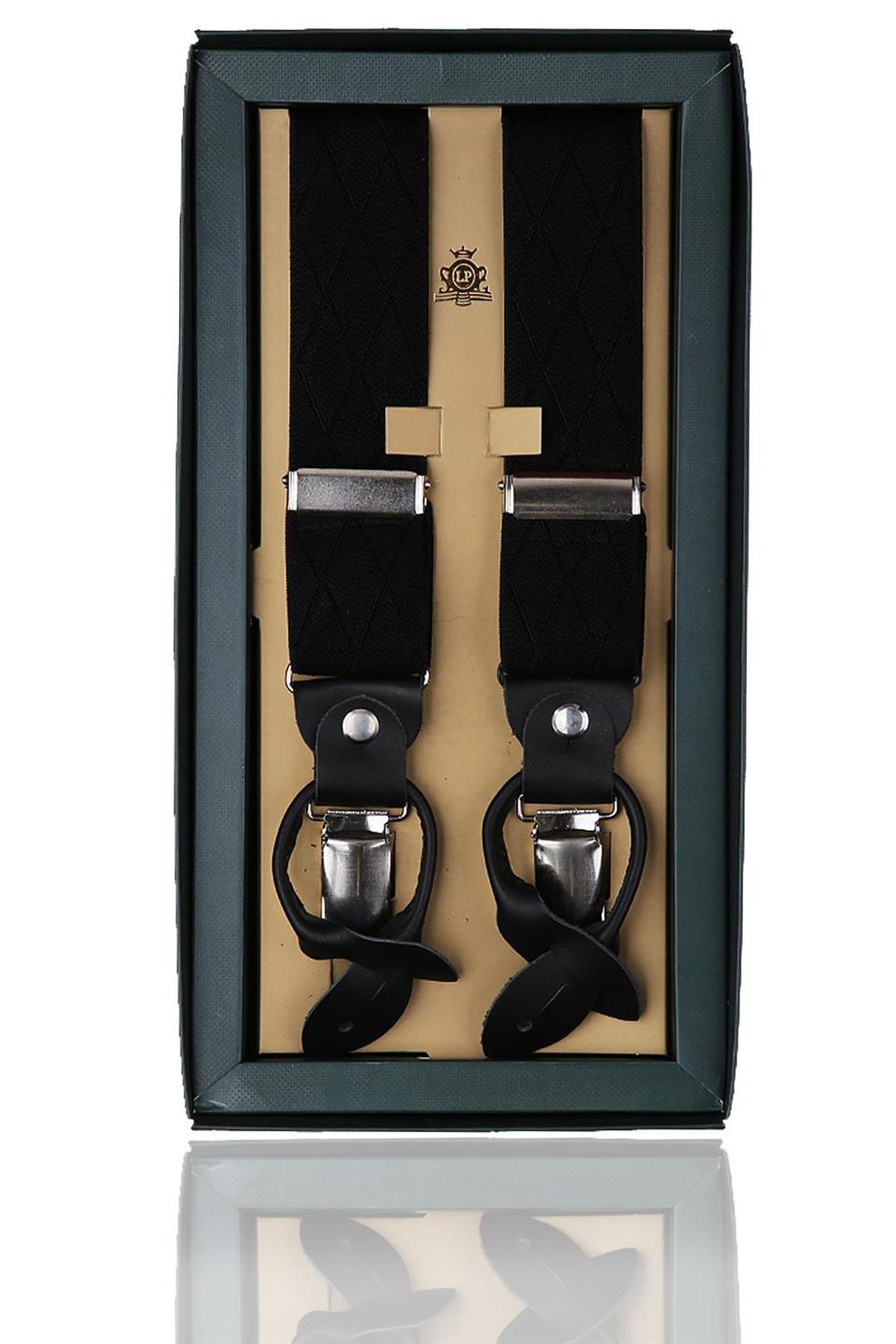 Deri Bağlantılı Düğme Delikli Jakarlı Siyah Pantolon Askısı PAN88