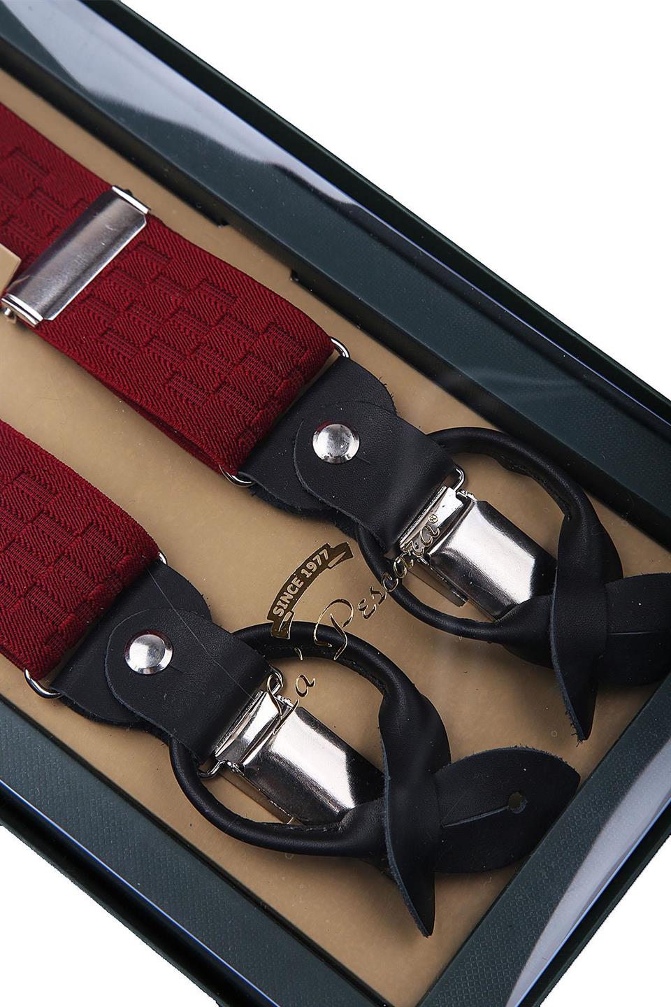 Deri Bağlantılı Düğme Delikli Jakarlı Bordo Pantolon Askısı PAN72