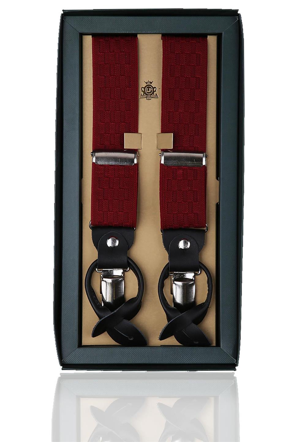 Deri Bağlantılı Düğme Delikli Jakarlı Bordo Pantolon Askısı PAN72