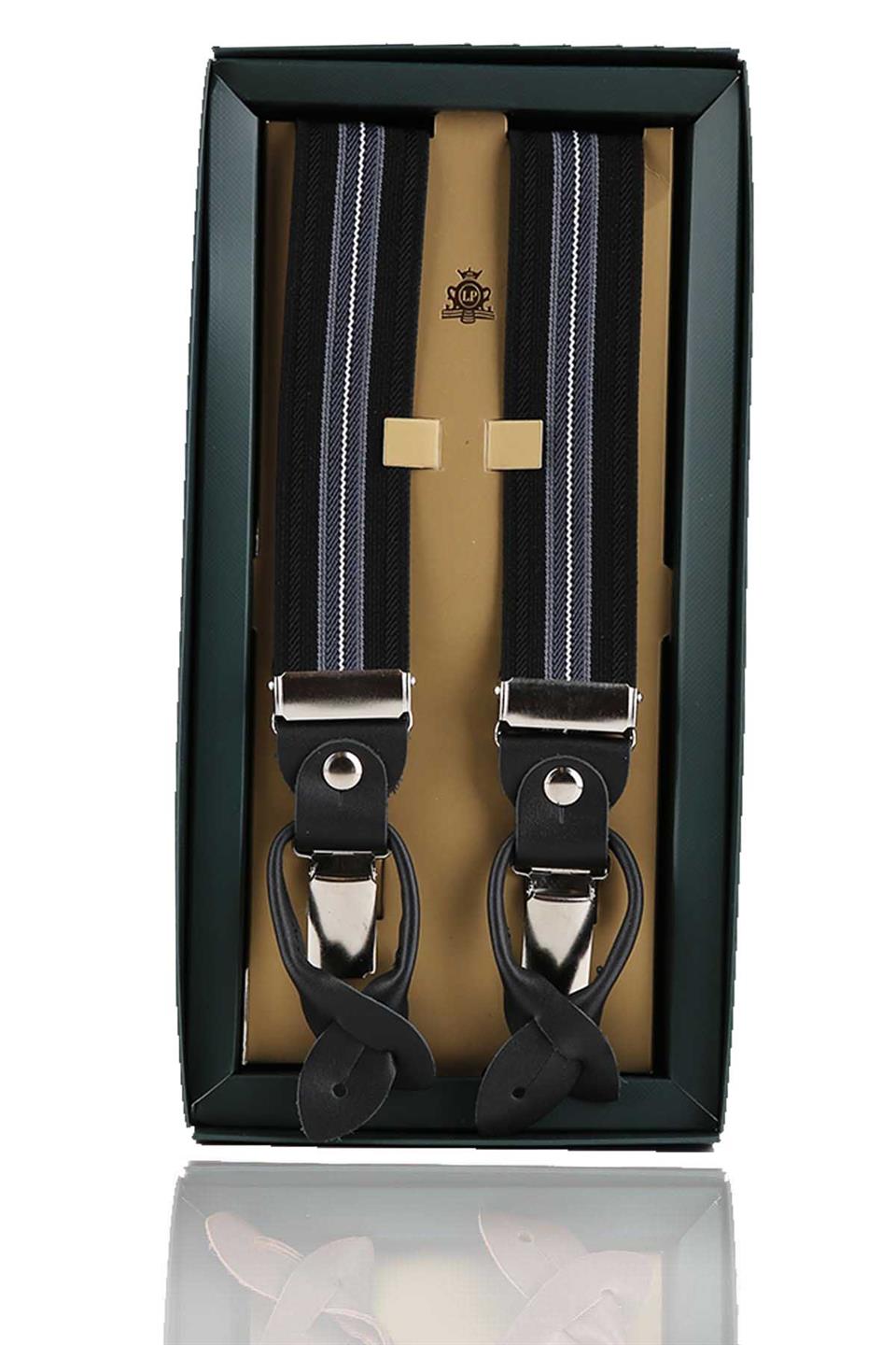 Deri Bağlantılı Düğme Delikli Jakarlı Siyah Pantolon Askısı PAN116