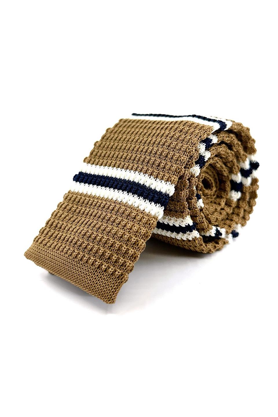 Deve Tüyü - Lacivert Çizgili Örgü Kravat ÖR8378