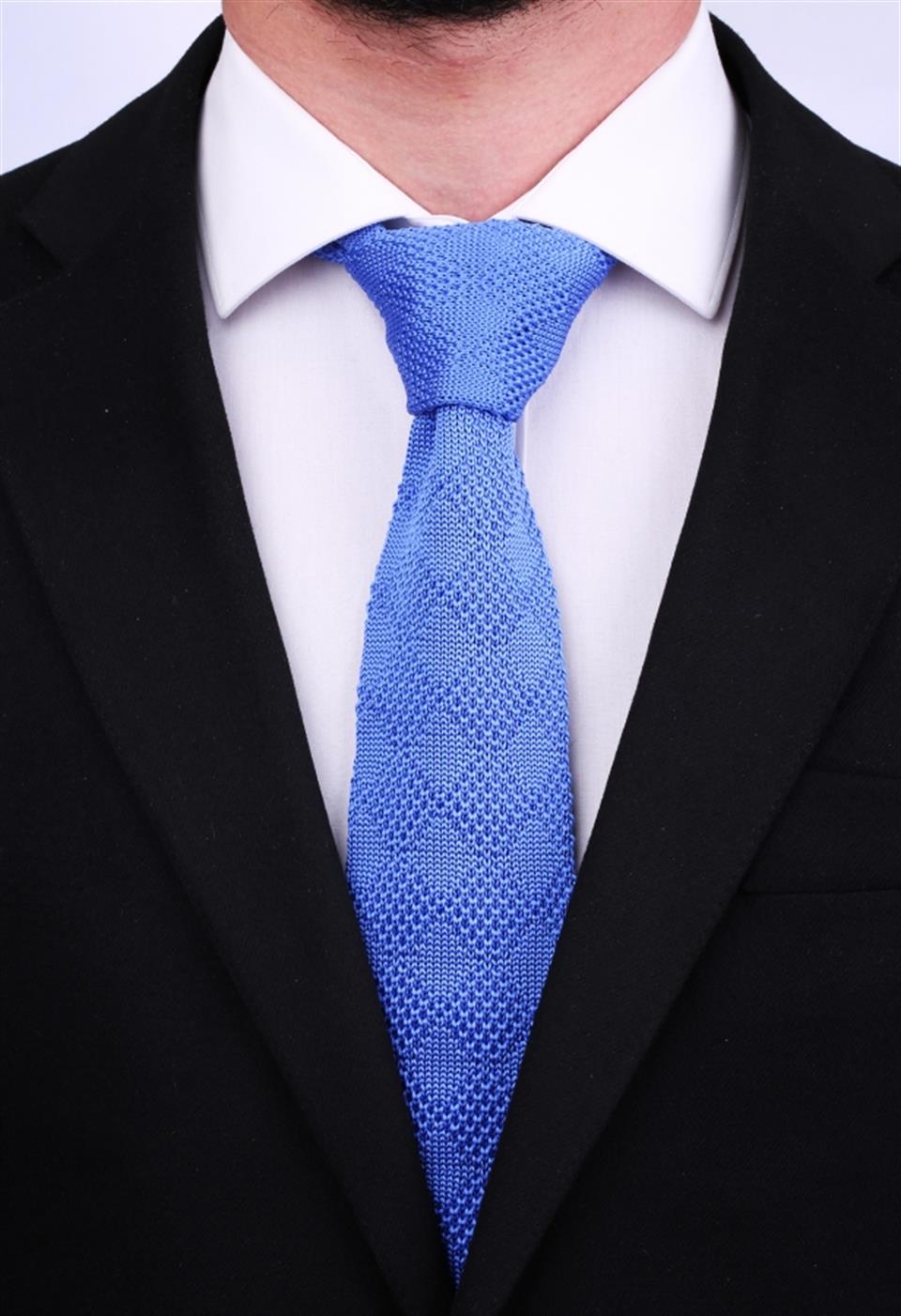 Düz Mavi Örgü Kravat 8103