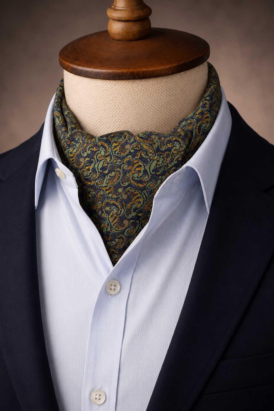 Fıstık Yeşili Lacivert Şal Desen İtalyan İpek Ascot Kravat SAC125
