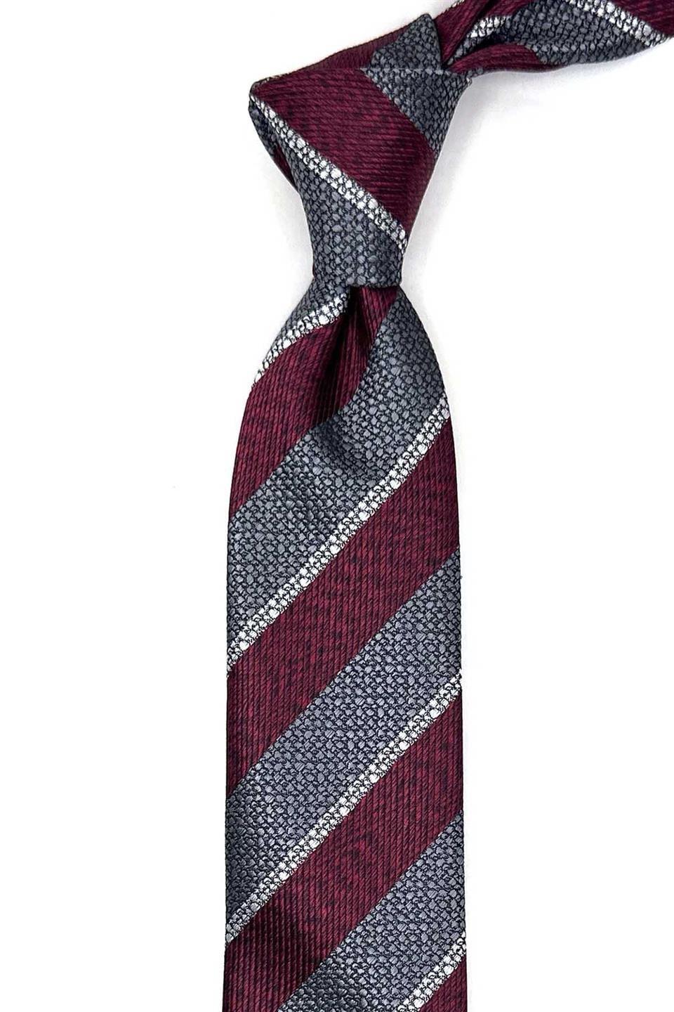Füme - Bordo Çizgi Desen Slim Kravat SK8032