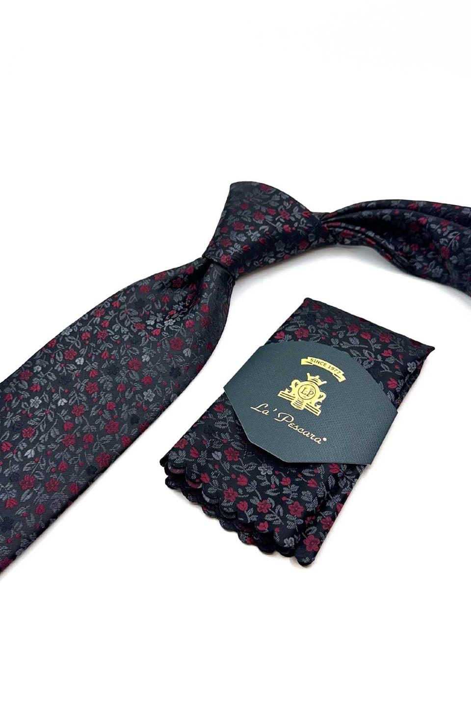 Füme Çiçek Desen Mendilli Klasik Kravat KK12976