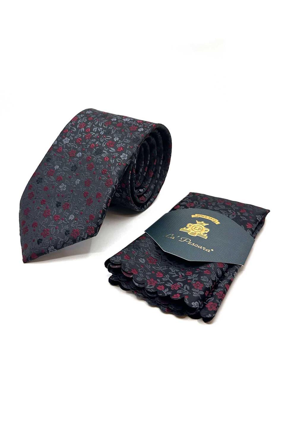 Füme Çiçek Desen Mendilli Klasik Kravat KK12976