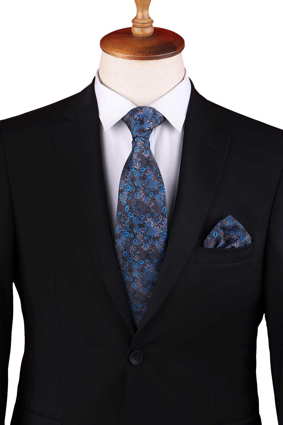 Füme - Çivit Mavi Çiçek Desen Baskılı Mendilli Klasik Kravat KK13349