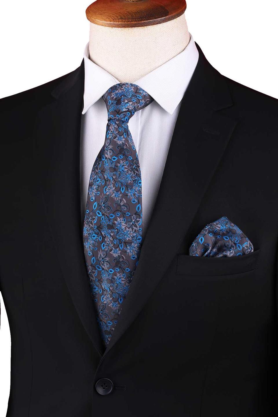 Füme - Çivit Mavi Çiçek Desen Baskılı Mendilli Klasik Kravat KK13349