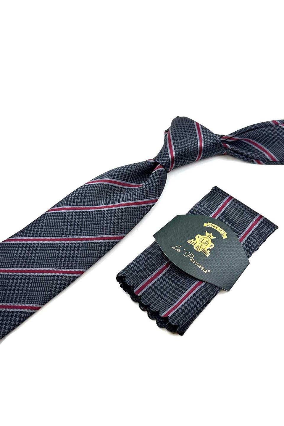 Füme Çizgi Desen Mendilli Klasik Kravat KK12368