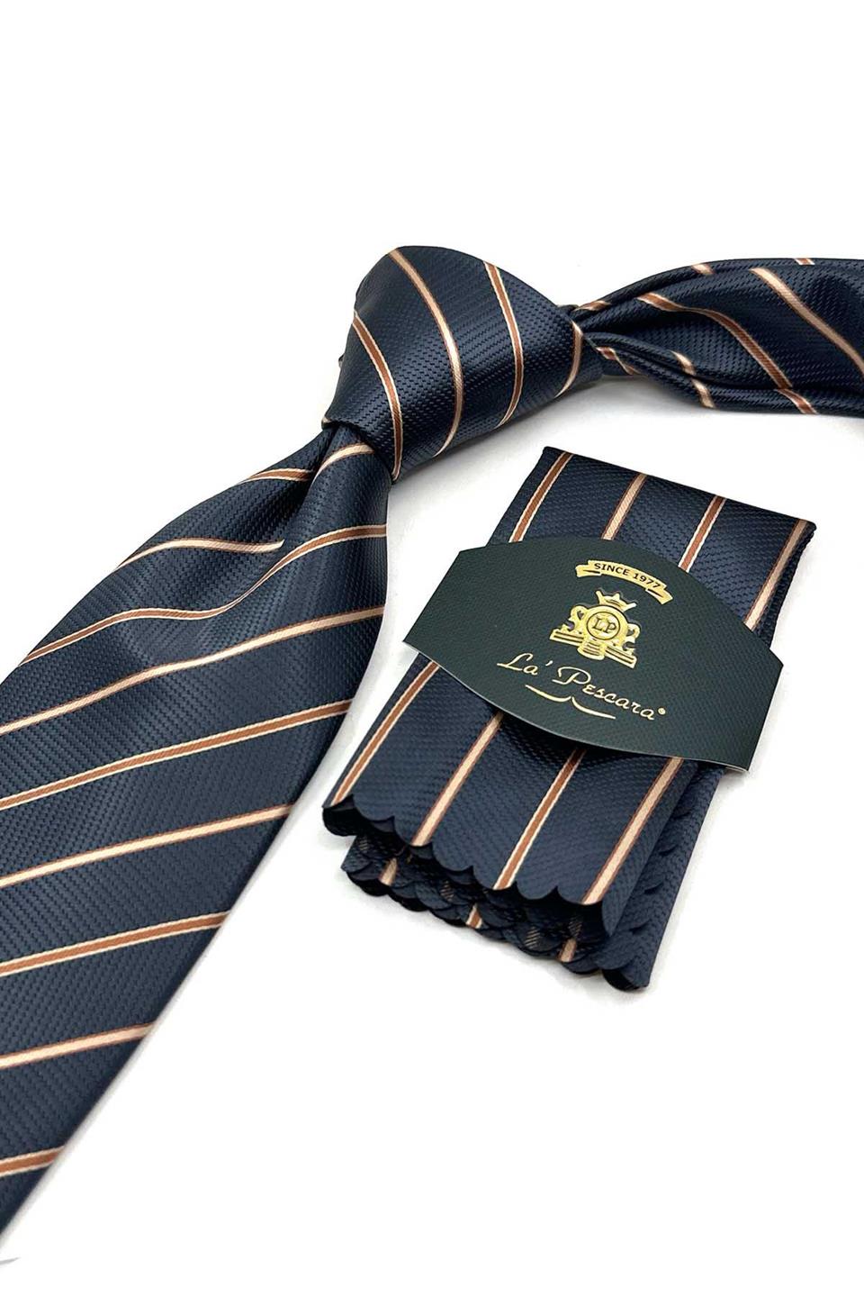 Füme Çizgi Desen Mendilli Klasik Kravat KK13681
