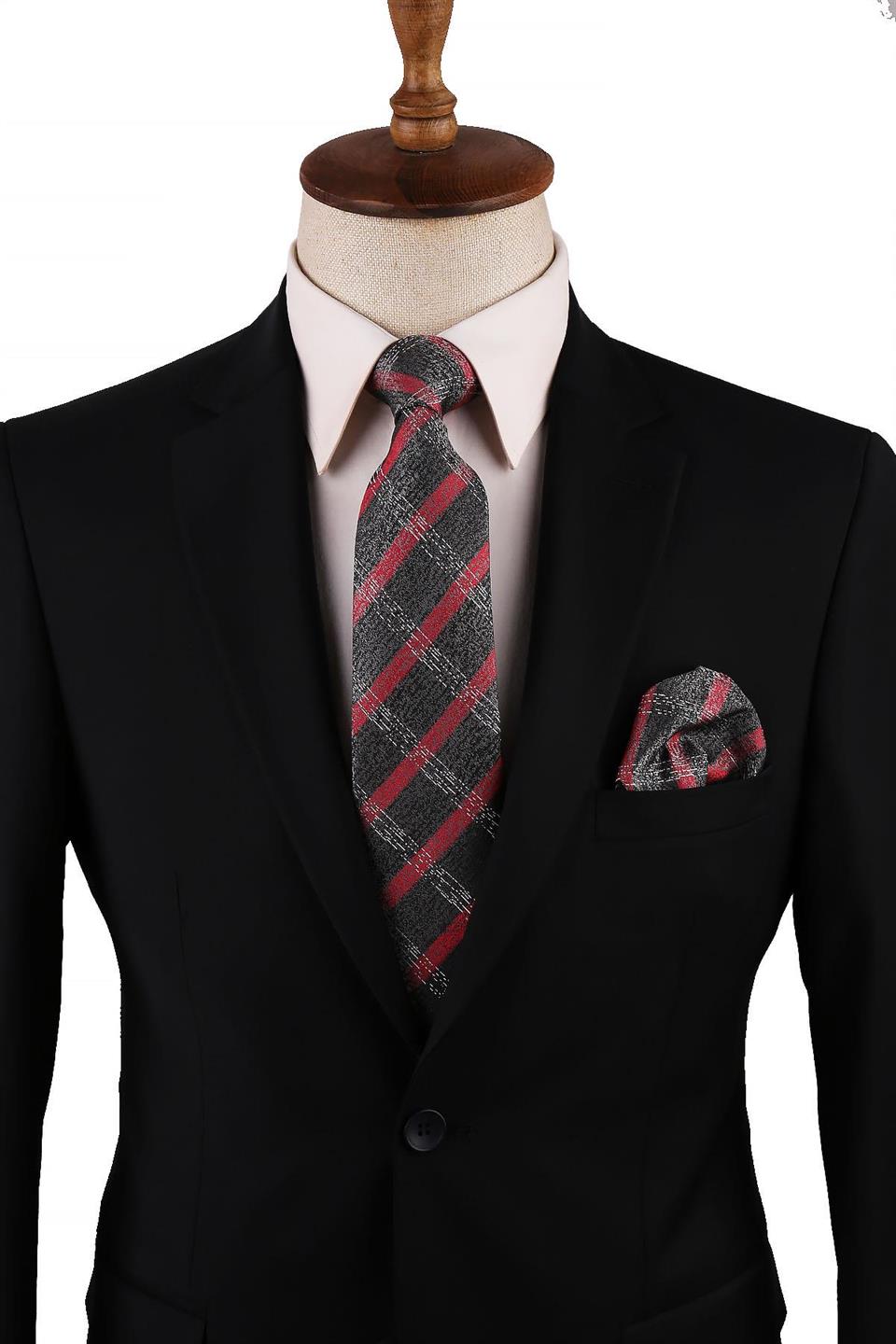 Füme Ekose Desen Mendilli Klasik Kravat KK10757