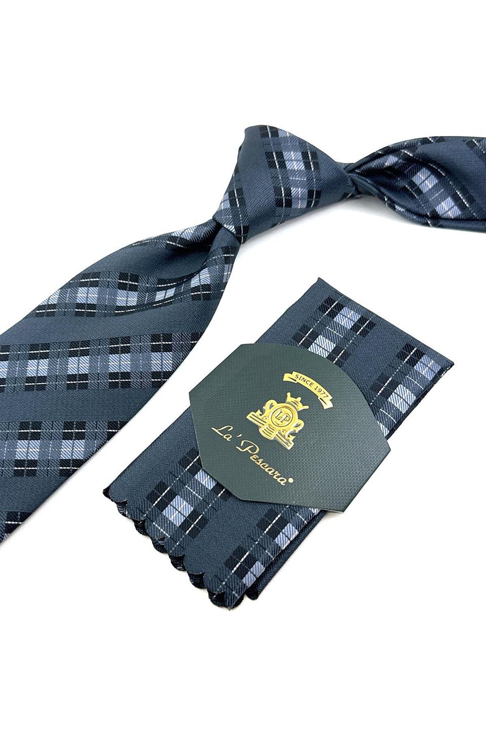 Füme Ekose Desen Mendilli Klasik Kravat KK11981