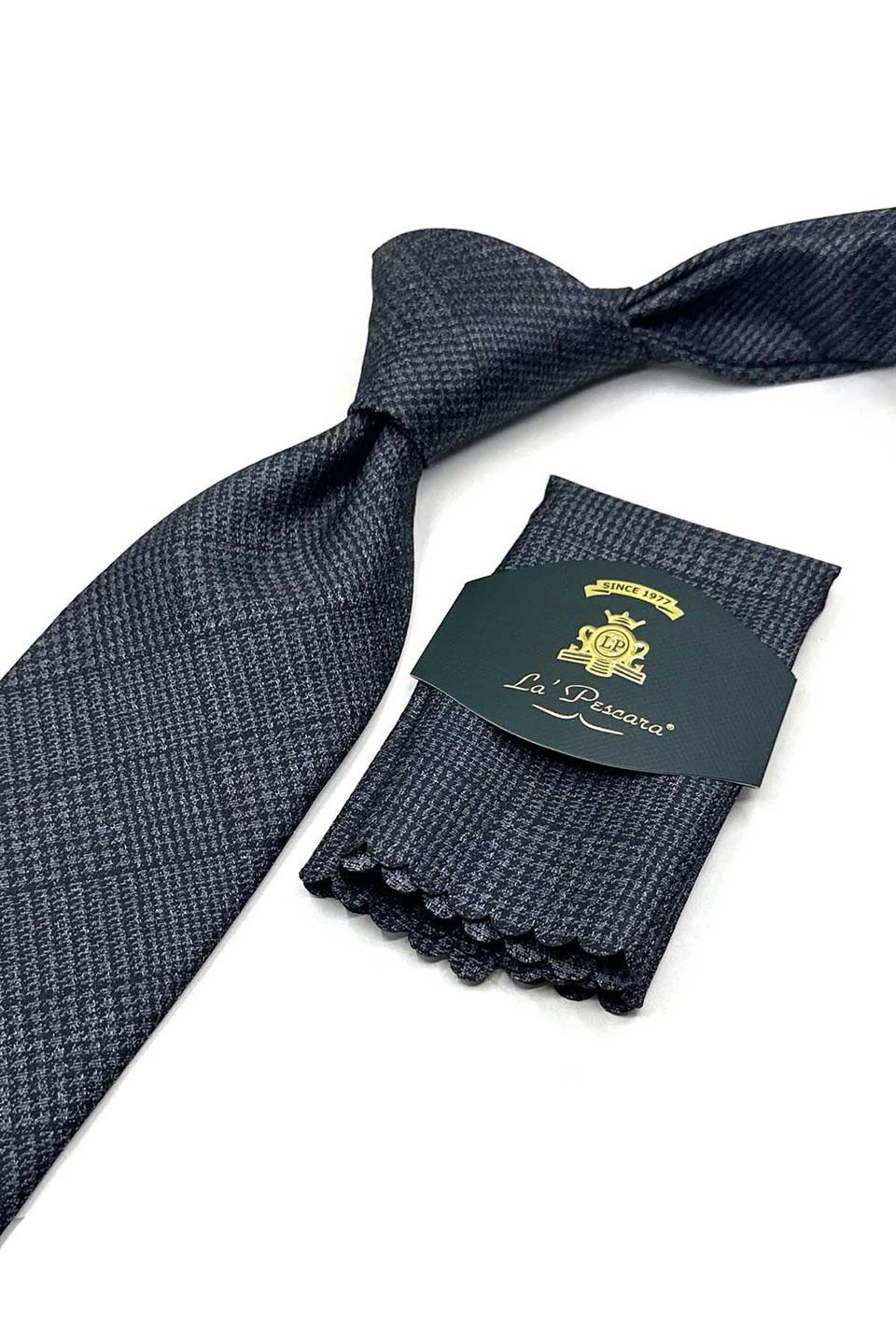 Füme Kare Desen Mendilli Klasik Kravat KK13583
