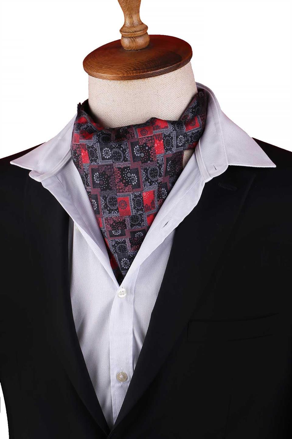 Füme - Kırmızı Motif Desen Erkek Fular Ascot K672