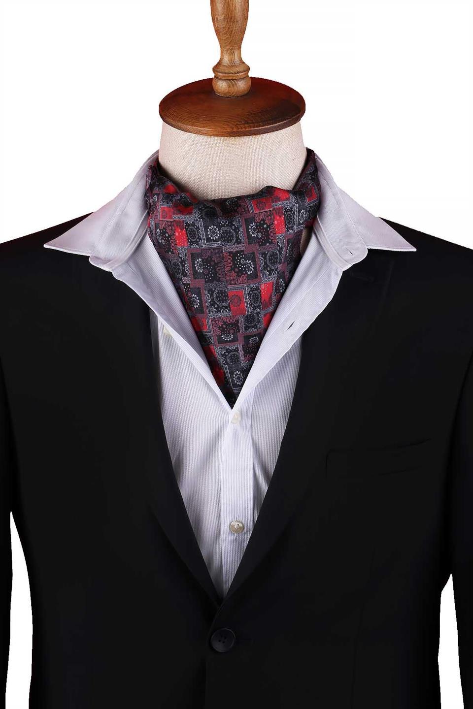 Füme - Kırmızı Motif Desen Erkek Fular Ascot K672