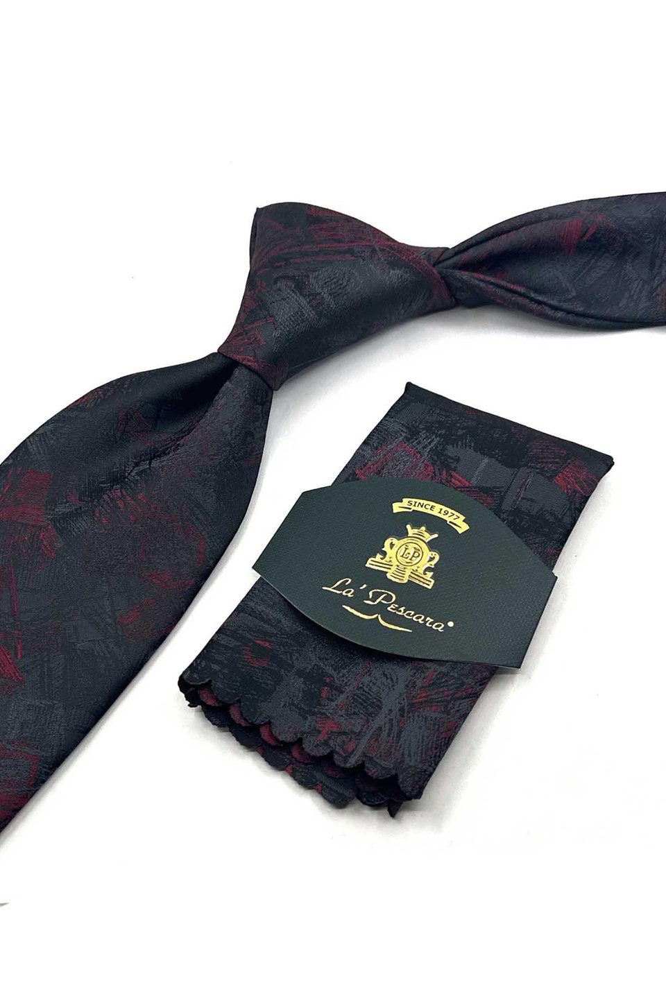 Füme Kırmızı Motif Desen Mendilli Klasik Kravat KK13748