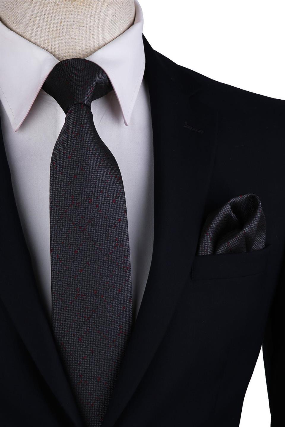 Füme Kum Desen Mendilli Klasik Kravat KK10495