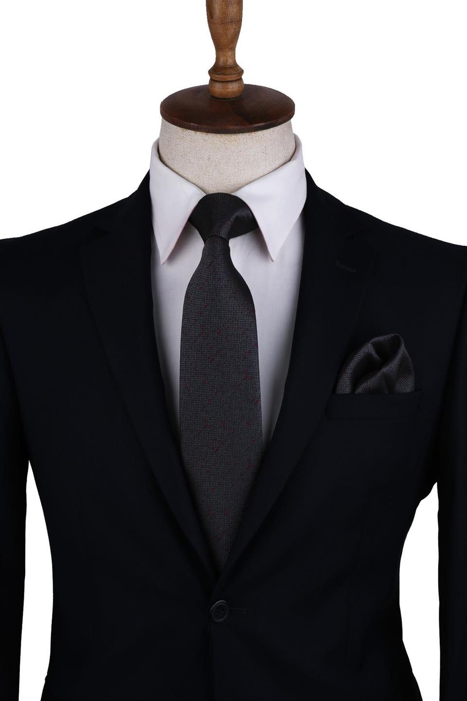 Füme Kum Desen Mendilli Klasik Kravat KK10495