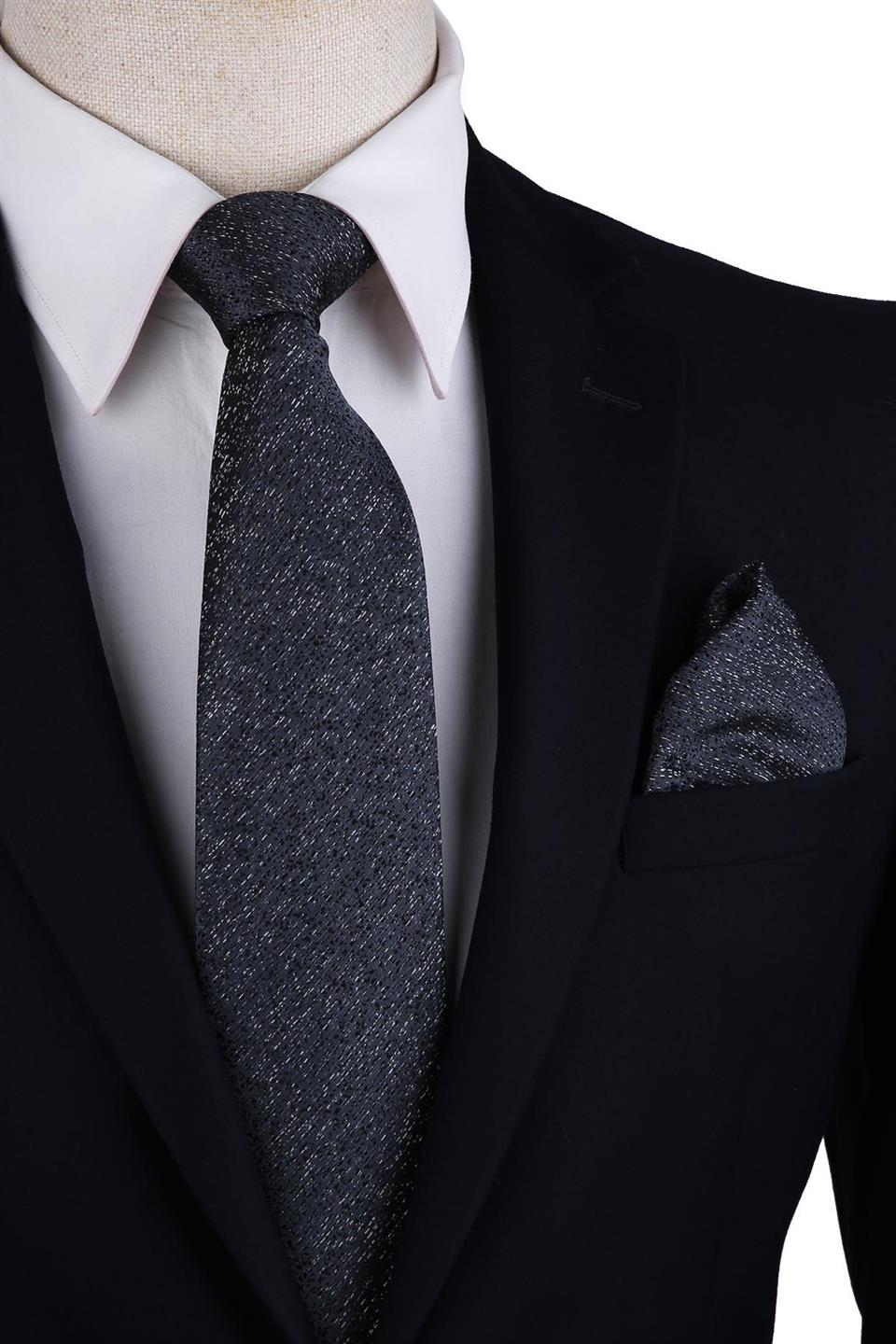 Füme Kum Desen Mendilli Klasik Kravat KK10388