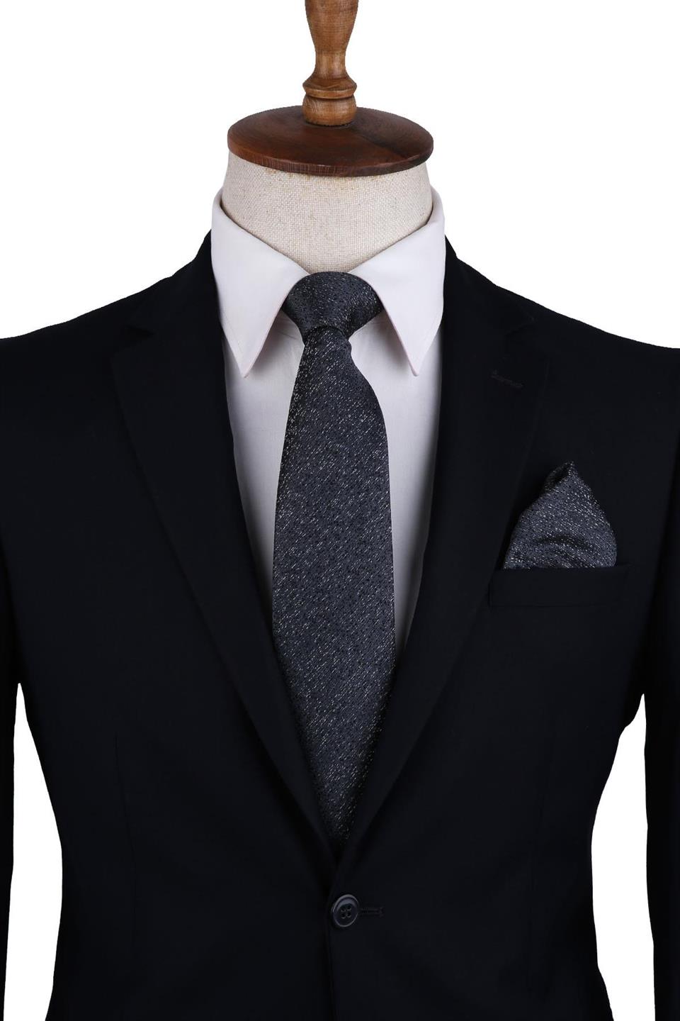 Füme Kum Desen Mendilli Klasik Kravat KK10388