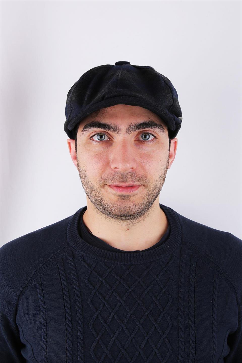 Füme - Lacivert Kareli Yün Erkek Kasket Şapka KST67