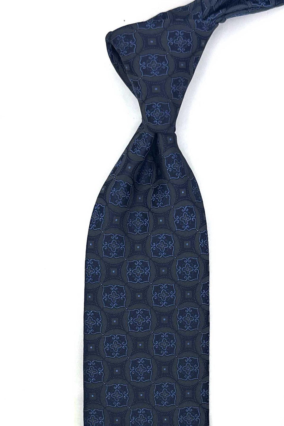 Füme Mavi Motif Desen Mendilli Klasik Kravat KK13760