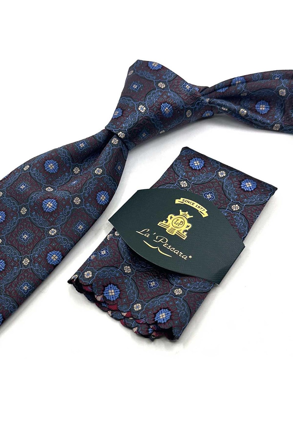Füme Mavi Motif Desen Mendilli Klasik Kravat KK13753