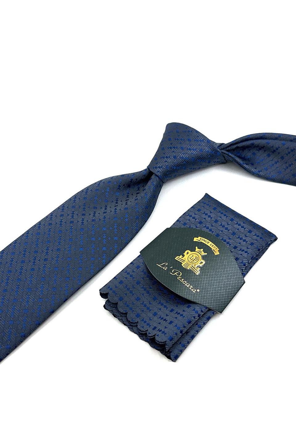 Füme - Mavi Motif Desen Mendilli Klasik Kravat KK12016