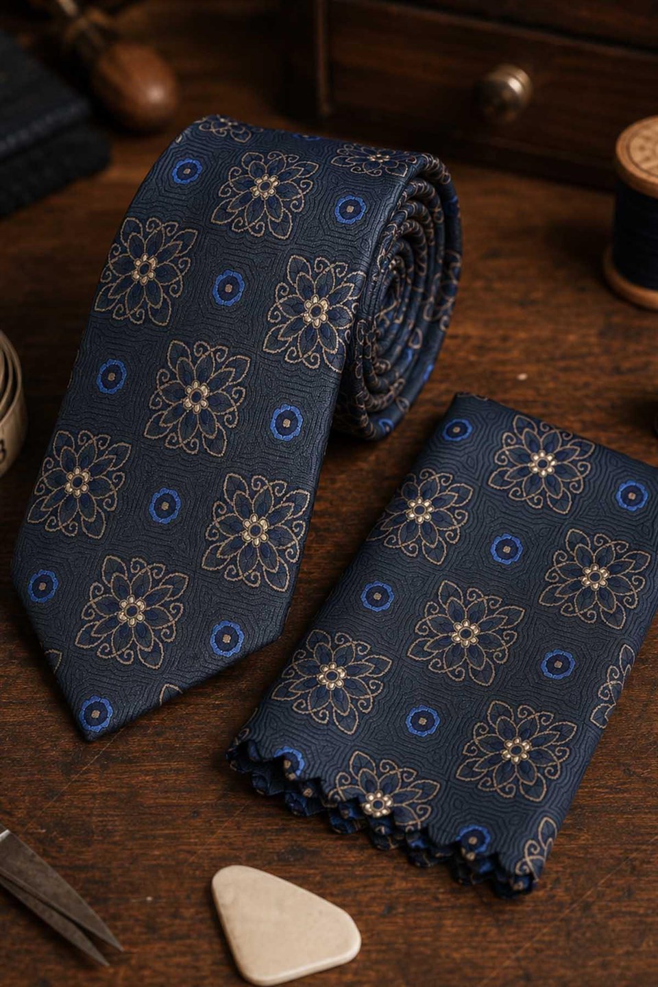 Füme Motif Desen Mendilli Klasik Kravat KK13738