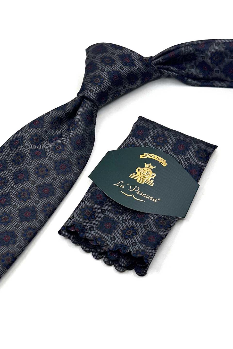 Füme Motif Desen Mendilli Klasik Kravat KK13565