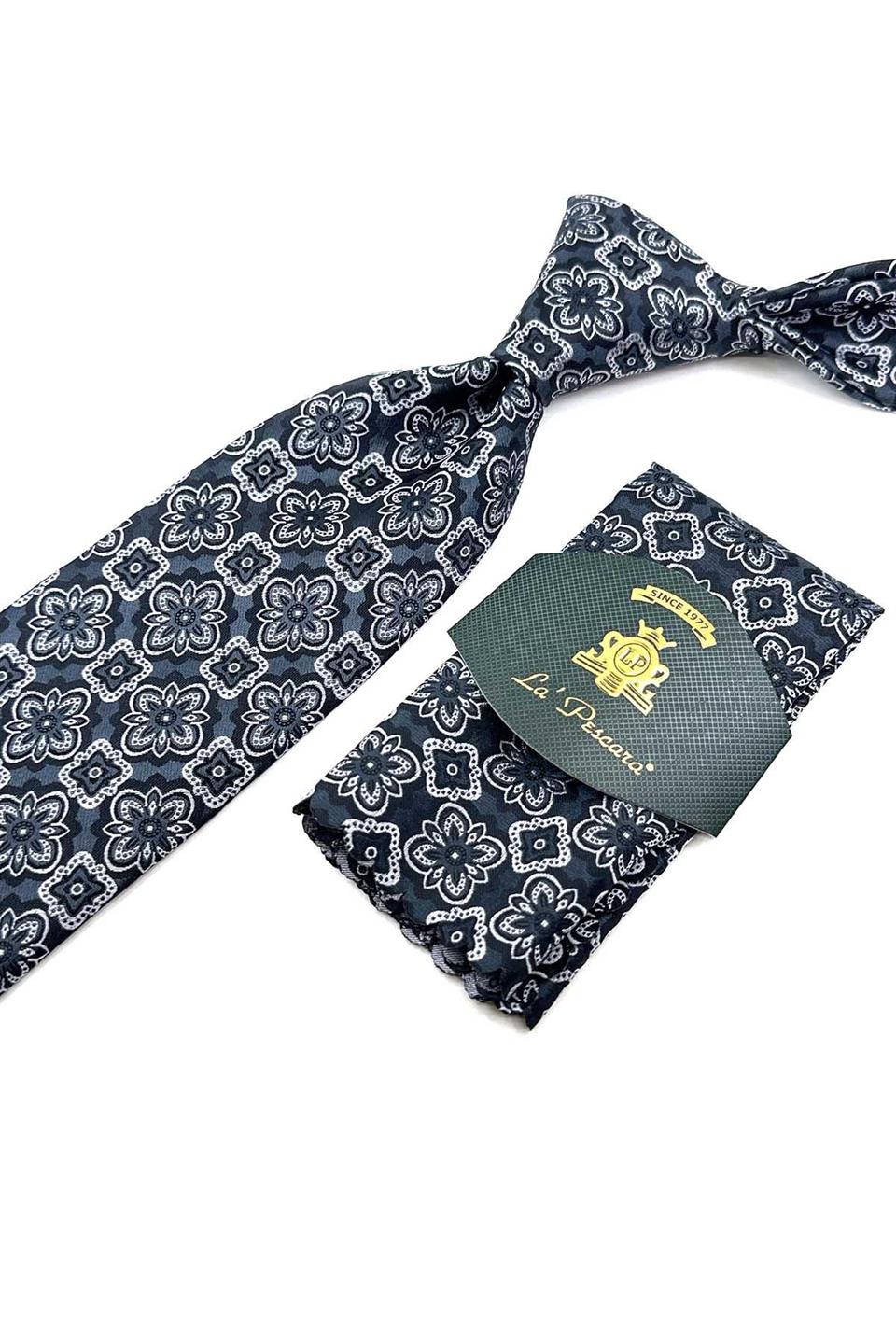 Füme Motif Desen Mendilli Klasik Kravat KK12375