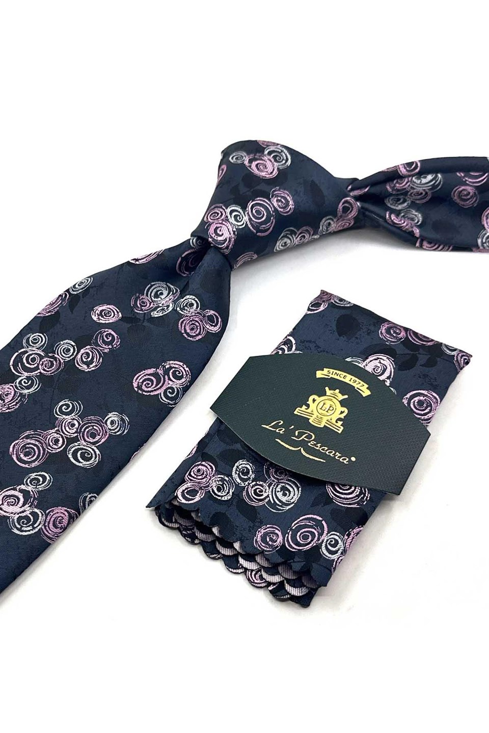Füme Pembe Çiçek Desen Mendilli Klasik Kravat KK13789