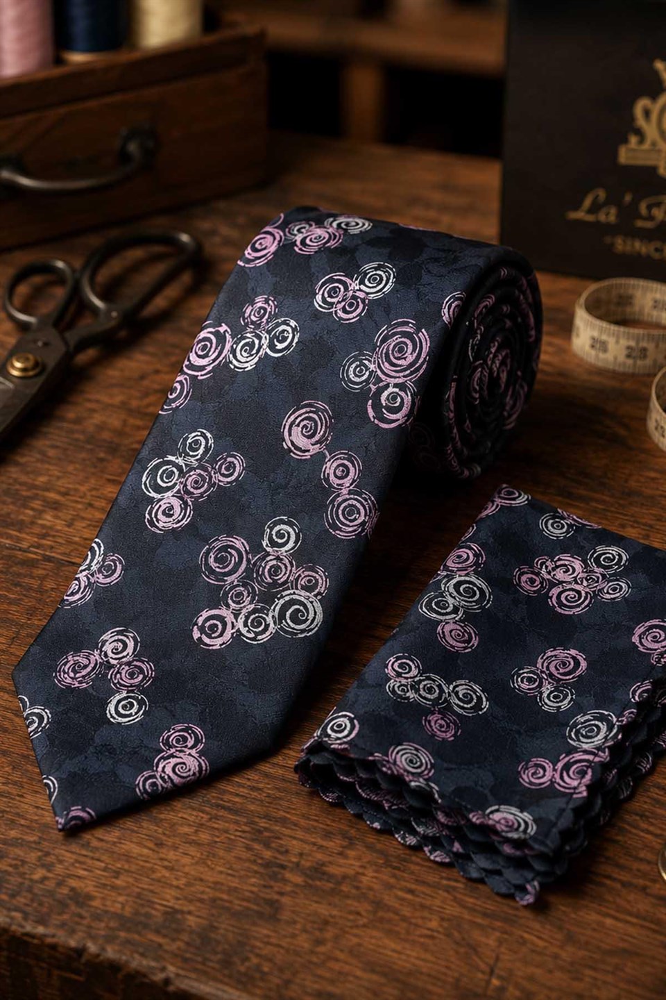 Füme Pembe Çiçek Desen Mendilli Klasik Kravat KK13789