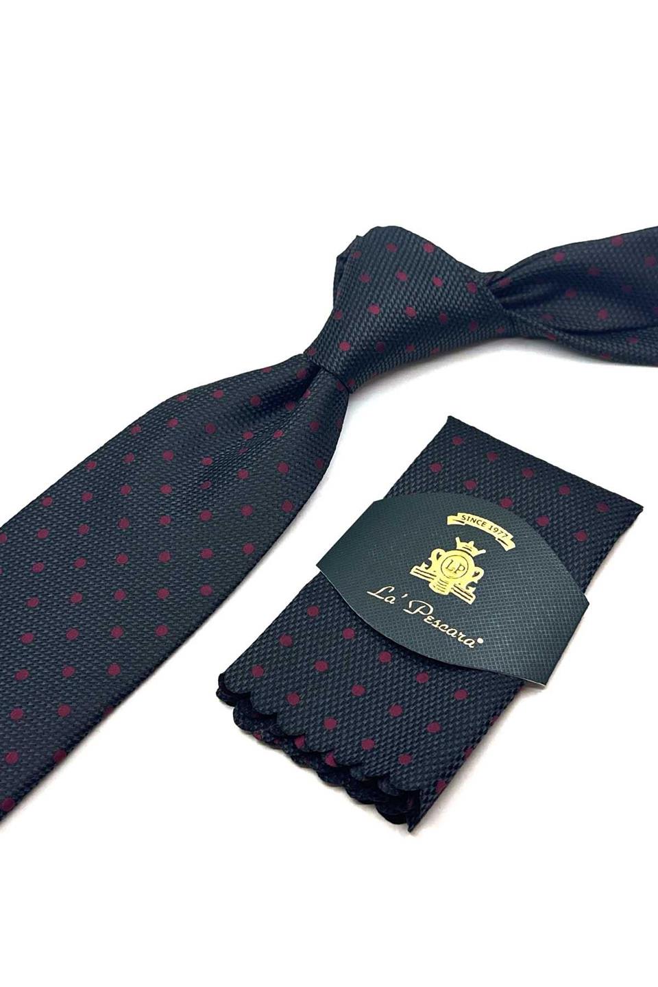 Füme Puantiye Desen Mendilli Klasik Kravat KK13001