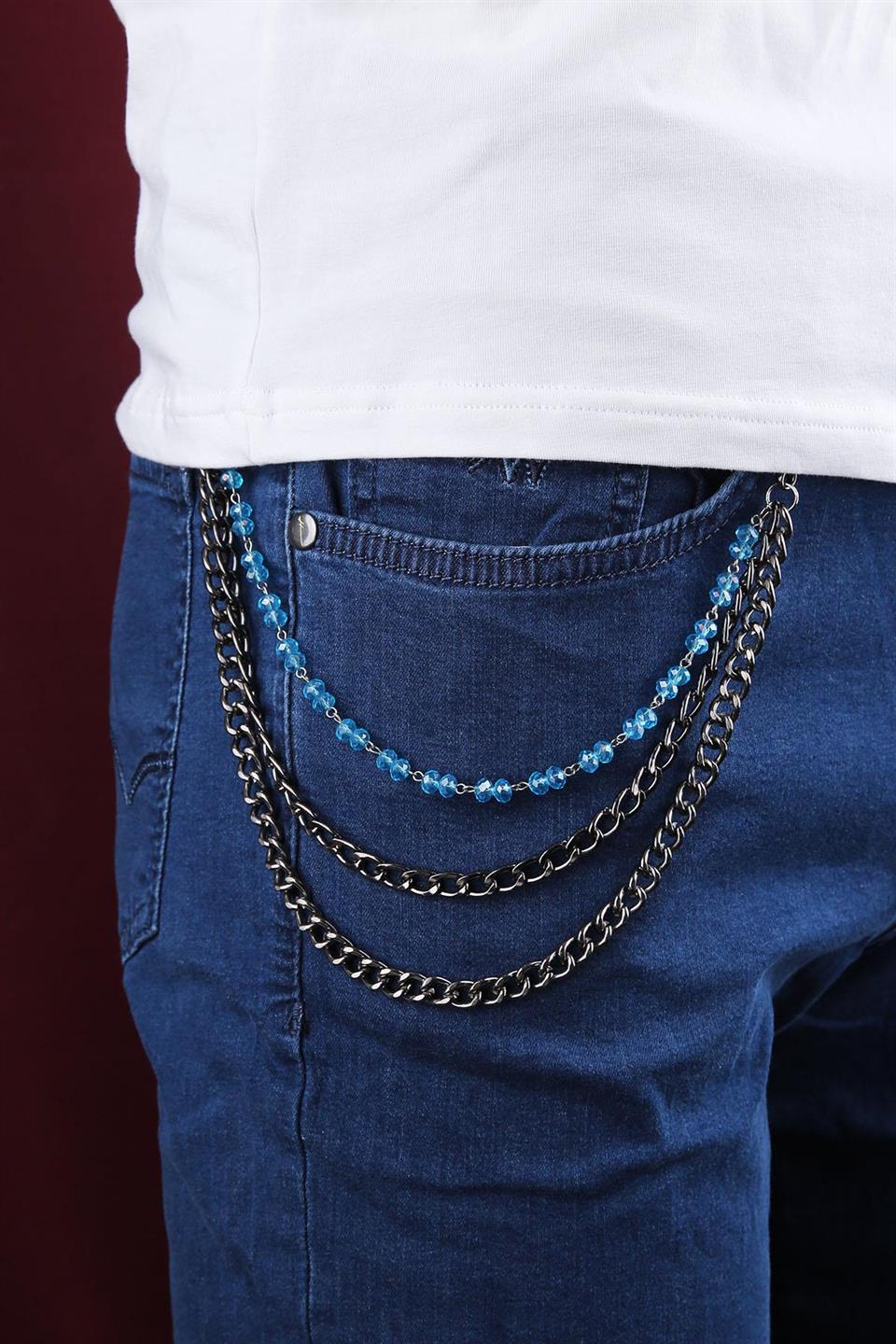 Füme Renk Üçlü Mavi Doğal Taş Detaylı Pantolon Zinciri PZ81