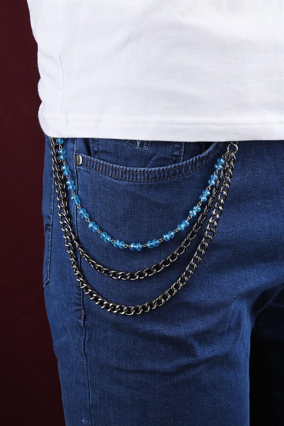 Füme Renk Üçlü Mavi Doğal Taş Detaylı Pantolon Zinciri PZ81