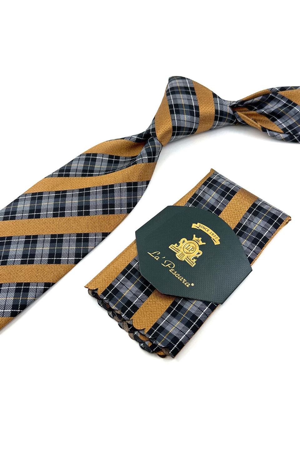 Füme - Sarı Ekose Desen Mendilli Klasik Kravat KK11987