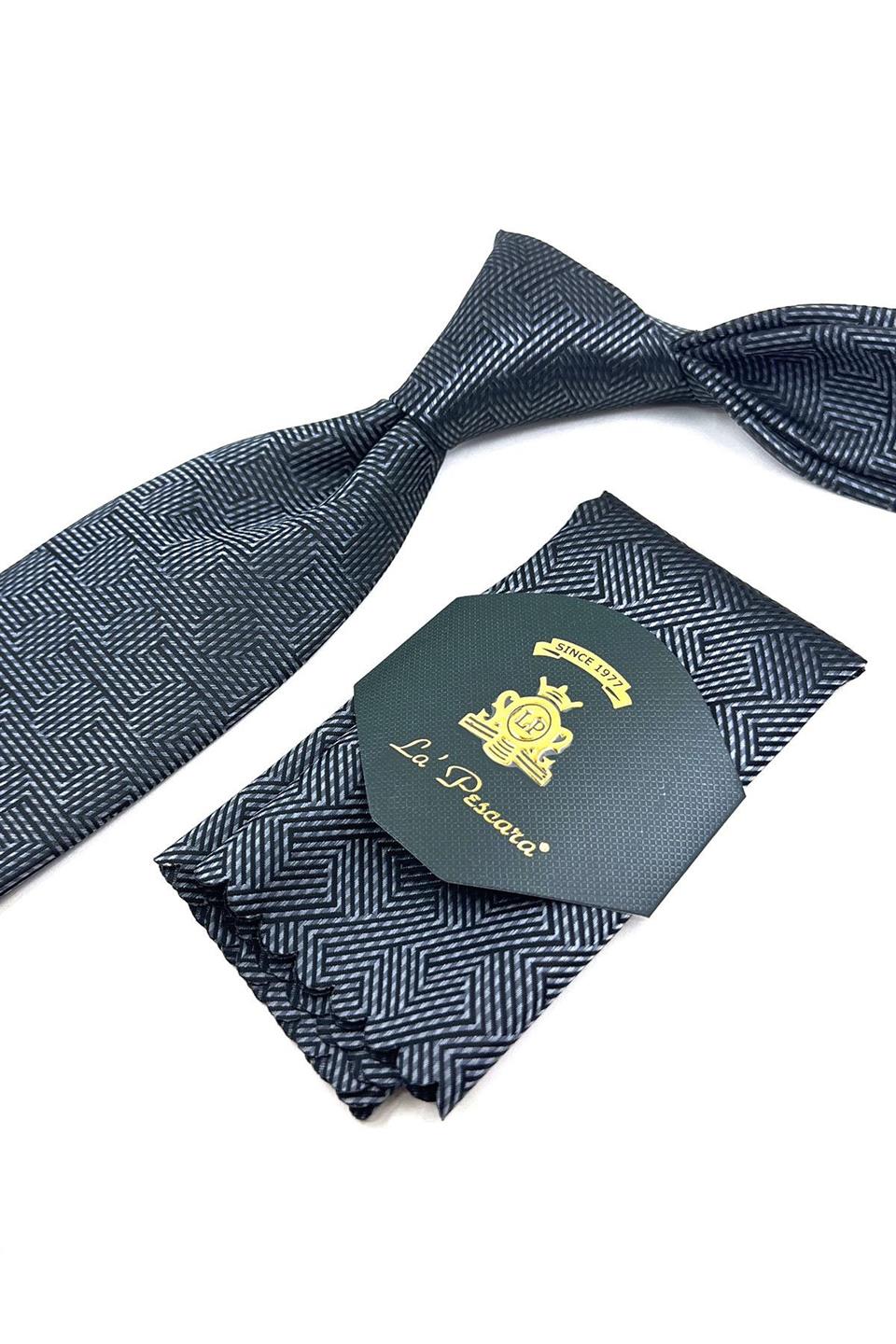 Füme - Siyah Çizgi Desen Mendilli Klasik Kravat KK11872