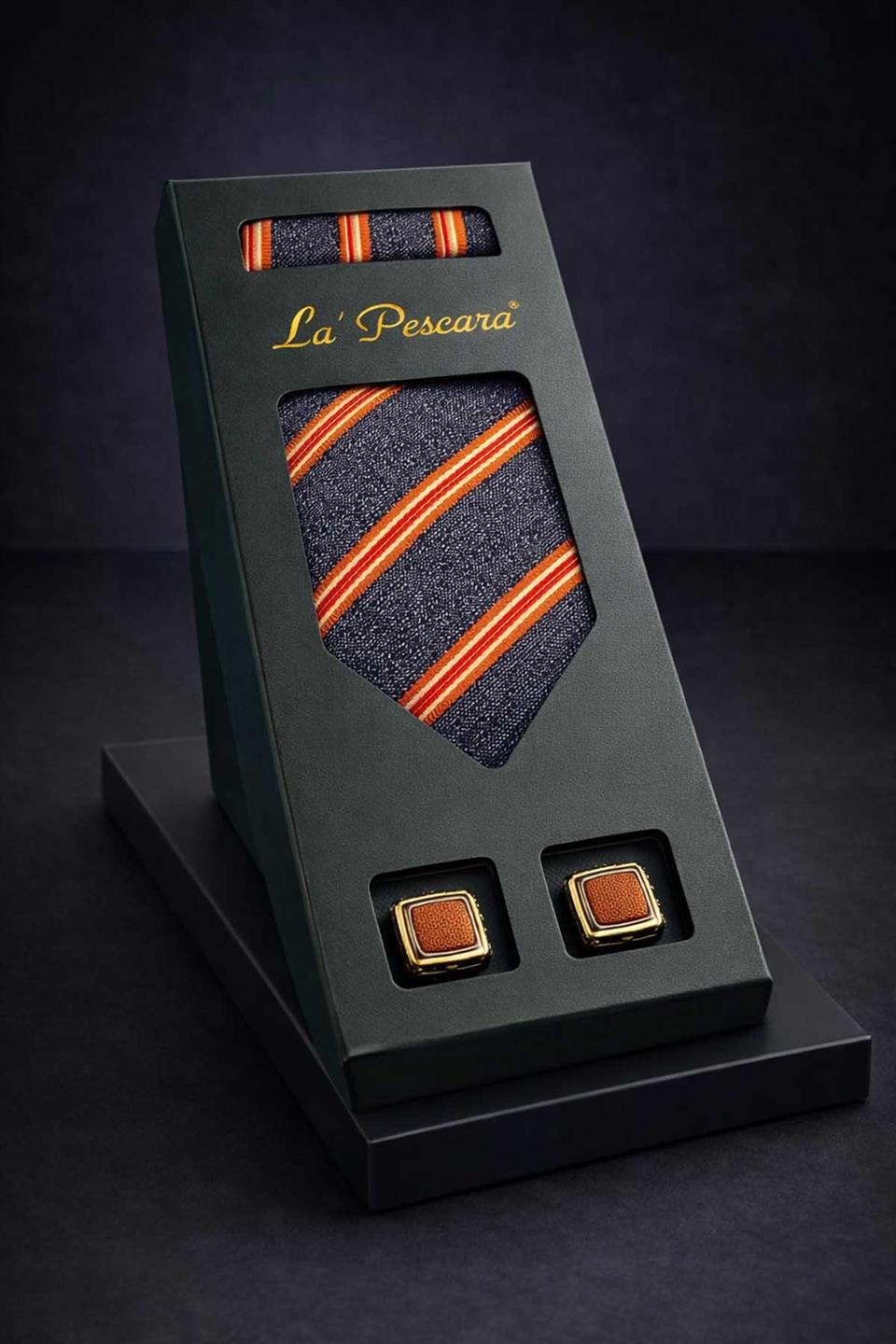 Füme - Turuncu Mendilli Klasik Kravat Kol Düğmesi Erkek Hediye Seti OS626