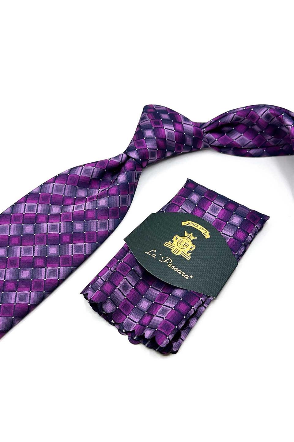 Fuşya Kare Desen Mendilli Klasik Kravat KK13167
