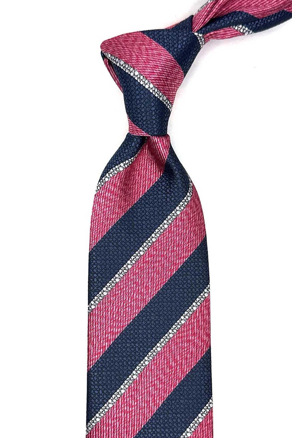 Fuşya - Lacivert Çizgi Desen Mendilli Klasik Kravat KK13104