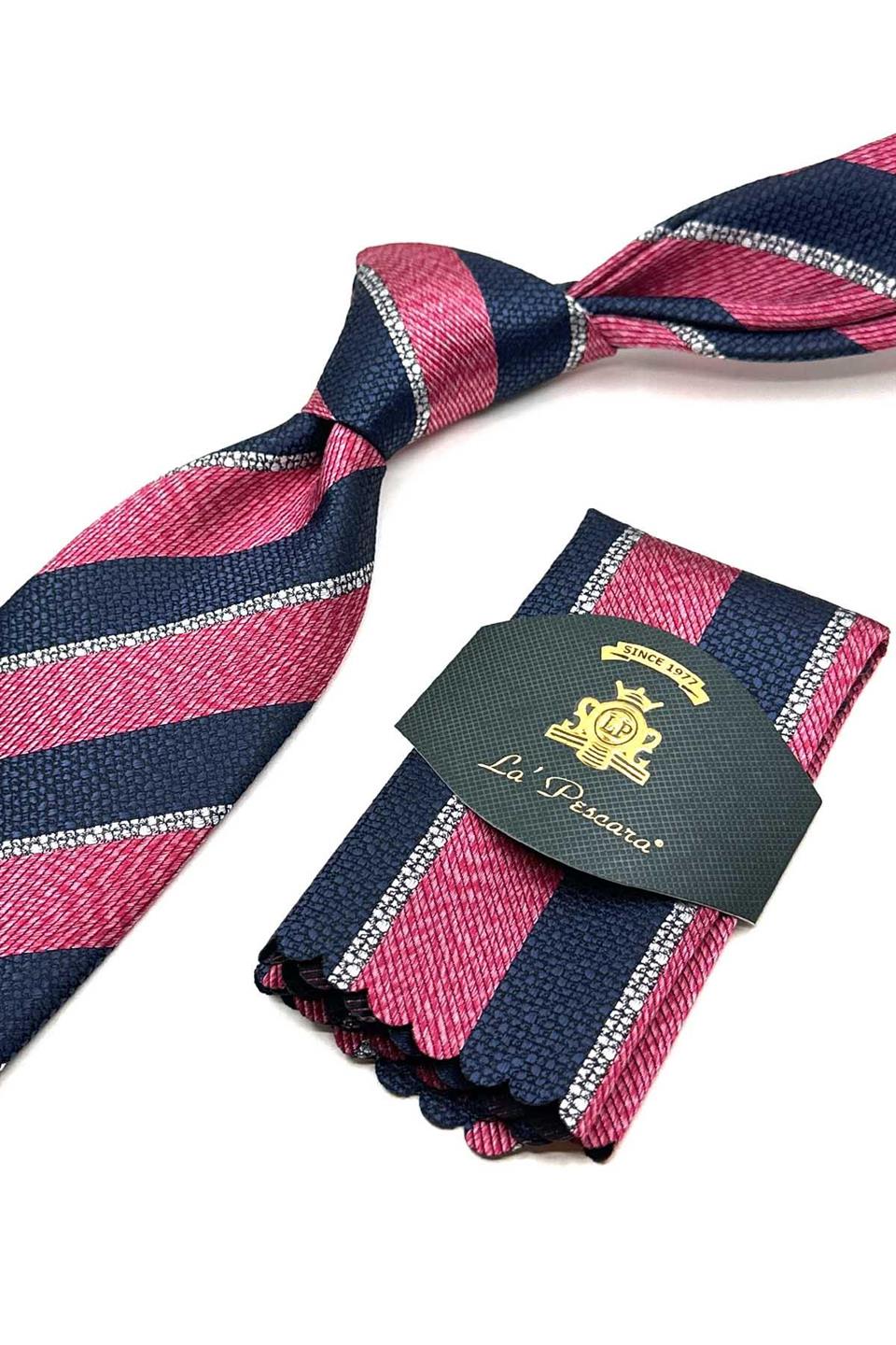 Fuşya - Lacivert Çizgi Desen Mendilli Klasik Kravat KK13104