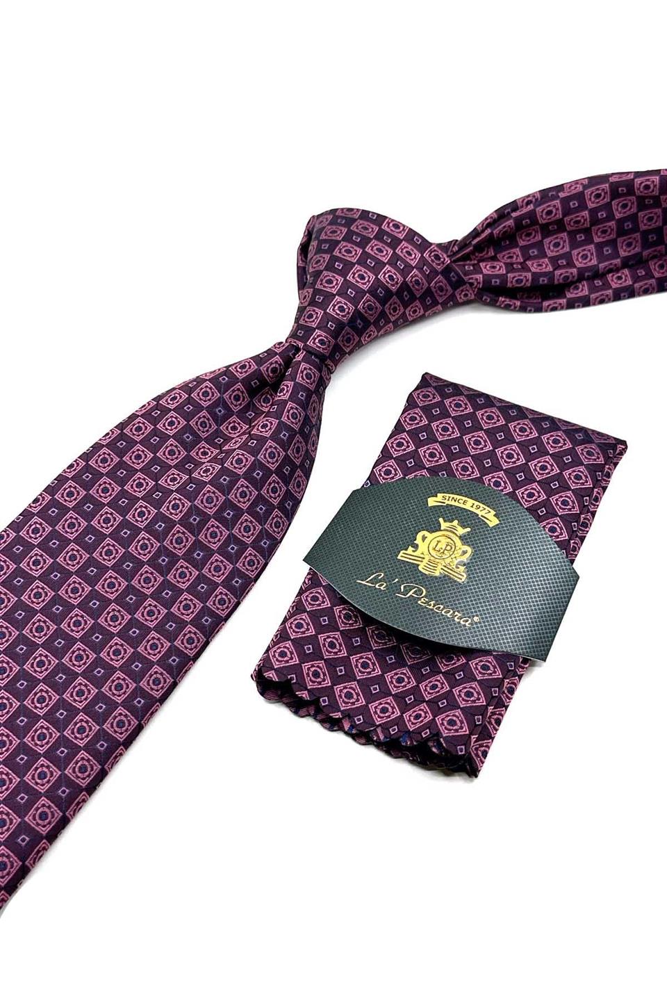 Fuşya Motif Desen Mendilli Klasik Kravat KK12603