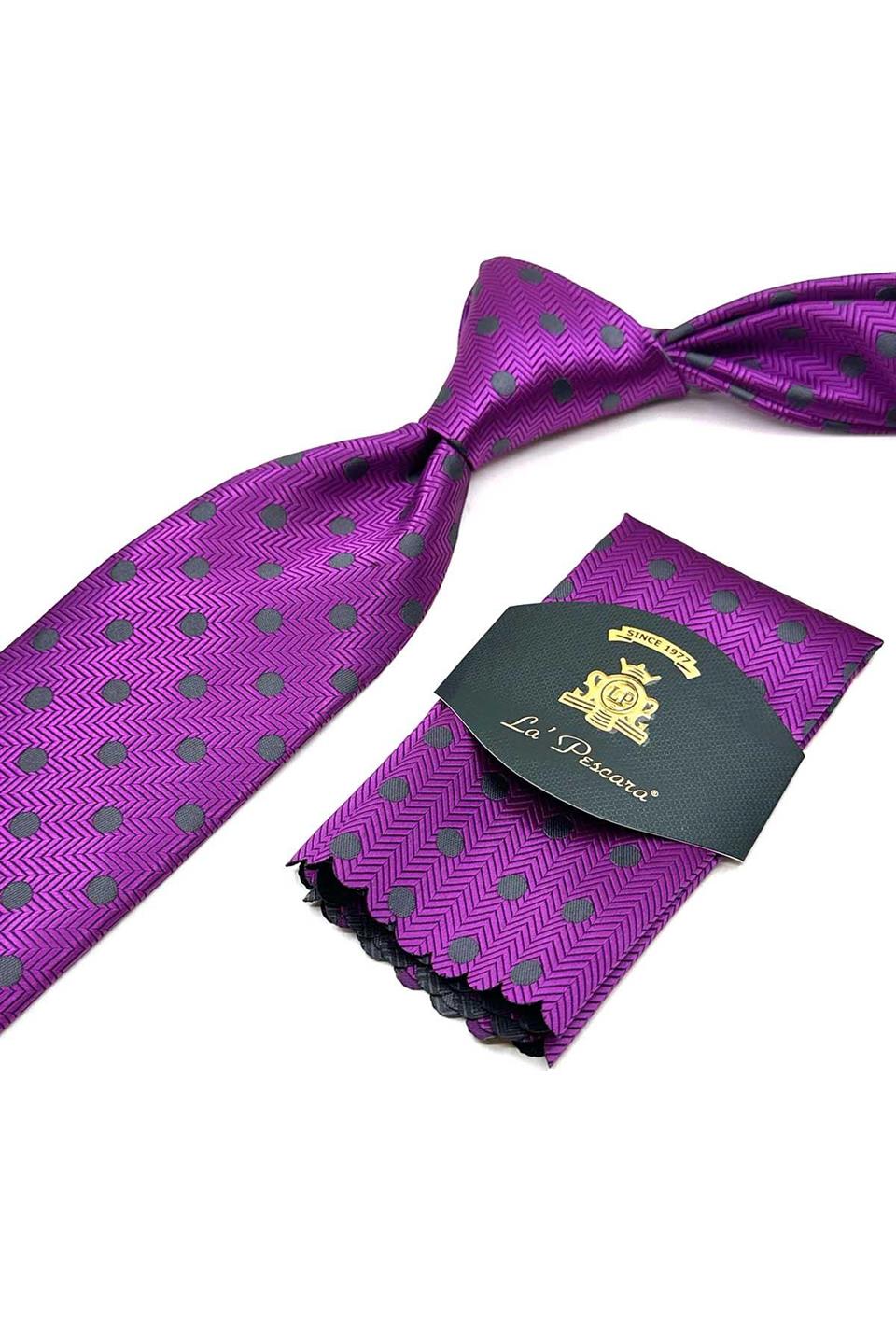 Fuşya Puantiye Desen Mendilli Klasik Kravat KK13099