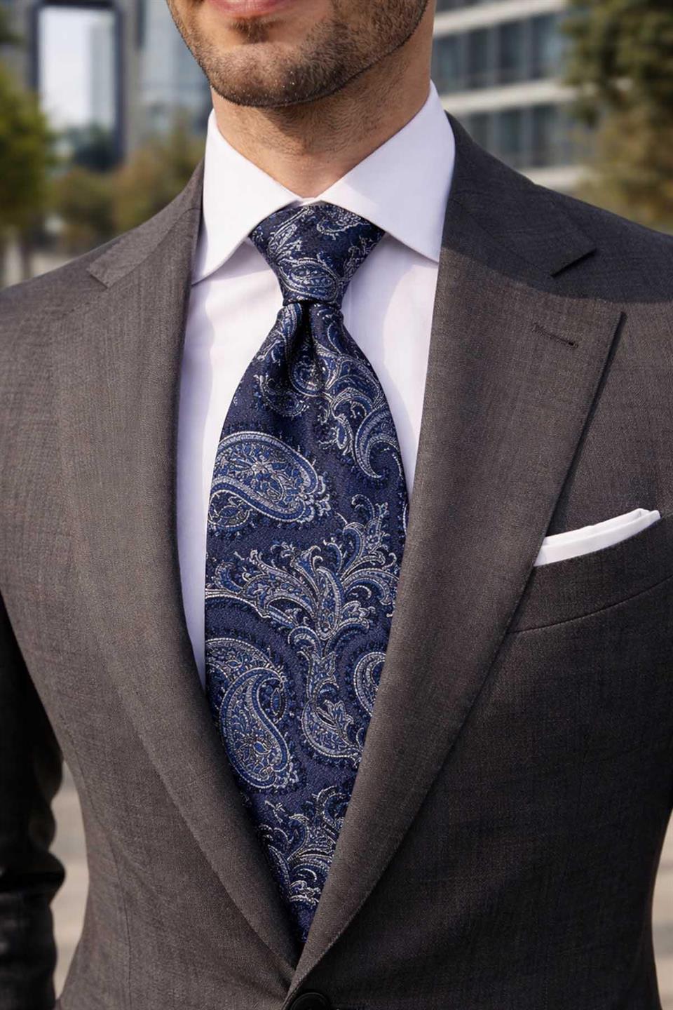 Galliano Style Şal Desen İtalyan Lacivert İpek Kravat İK2355