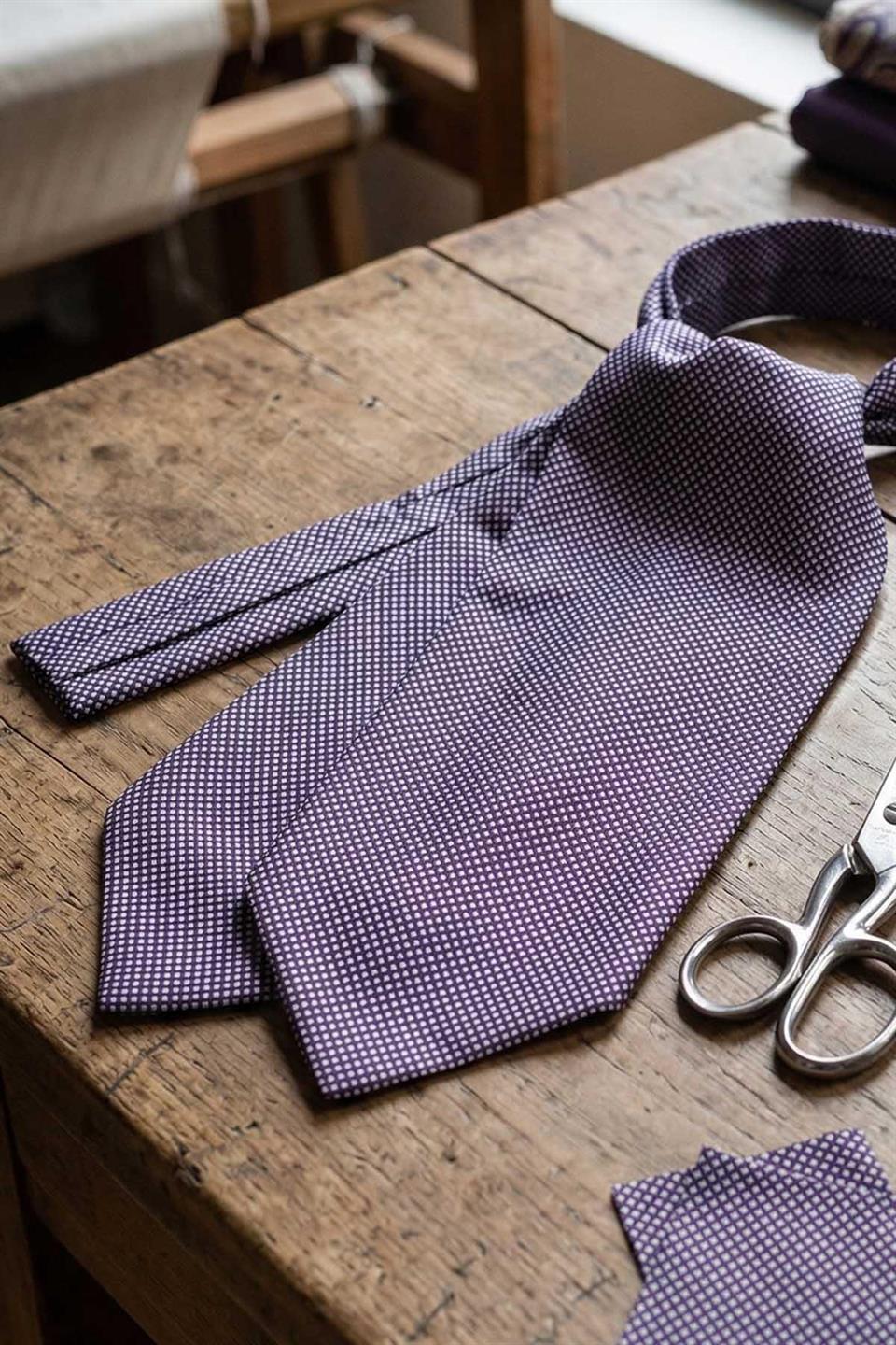 Geometrik Desen Koyu Lacivert - Beyaz İtalyan İpek Ascot Kravat SAC48