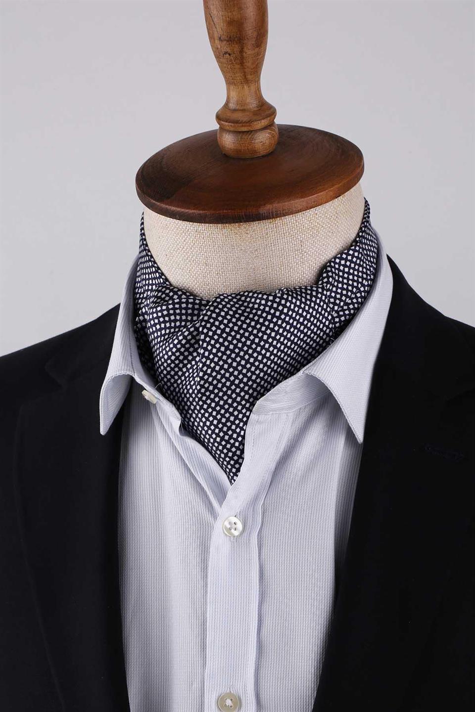 Geometrik Desen Koyu Lacivert - Beyaz İtalyan İpek Ascot Kravat SAC48