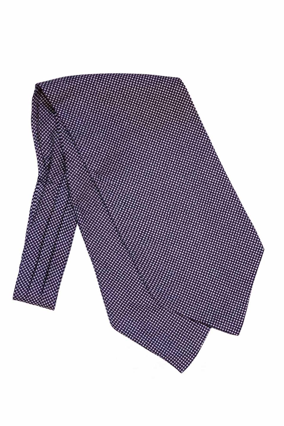 Geometrik Desen Koyu Lacivert - Beyaz İtalyan İpek Ascot Kravat SAC48